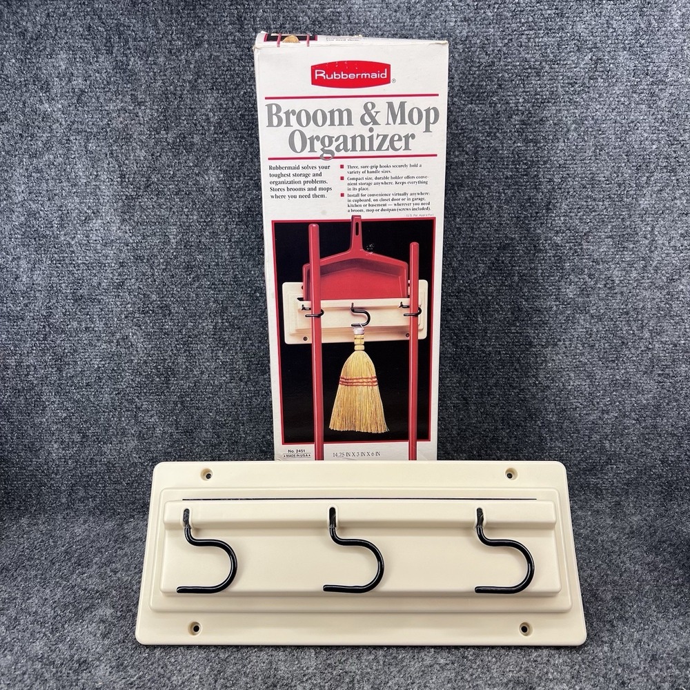 Vintage Rubbermaid Broom And Mop Organizer Wall Mount # 2451 USA 1988 Almond